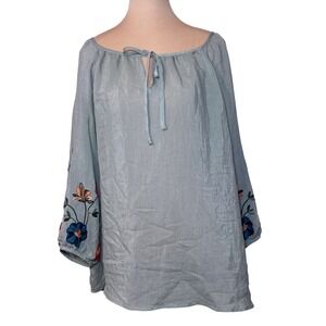 Olivia & Martin Embroidered Floral Peasant Blouse 2X Sage Green Boho Cottagecore